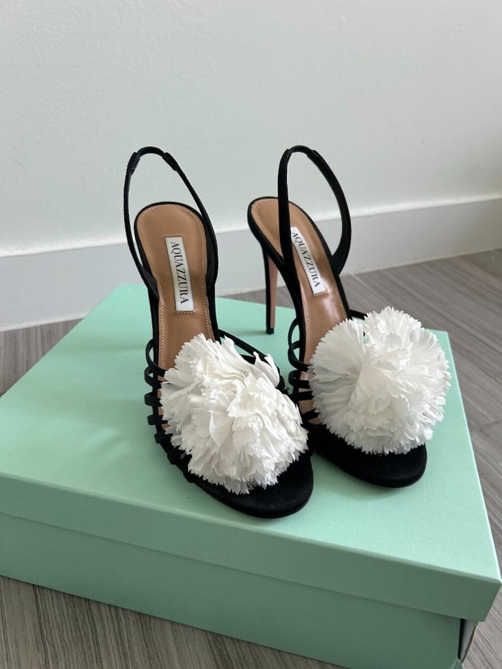 Aquazzura Love Generation 105 Black Satin Flower Sandals Heels